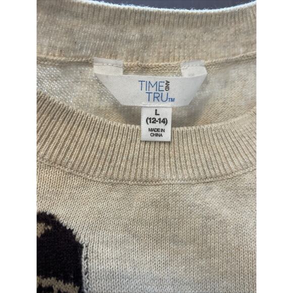Time & Tru Knit Sweater Top Cheetah Graphic Tan Sz L 12/14 Design On Back Too - Picture 5 of 6